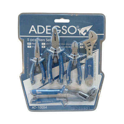Set de 5 pinzas: Alicate diagonal + Pinza universal + Pinza de punta + Llave ajustable + Pico de loro